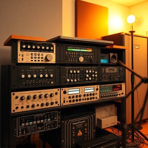 Rack d'équipement audio avec préamplificateurs et processeurs